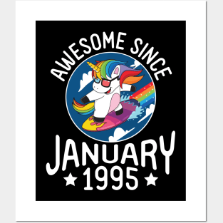 Unicorn Surfing Awesome Since January 1995 Happy Birthday 26 Years Old To Me Dad Mom Son Daughter Posters and Art